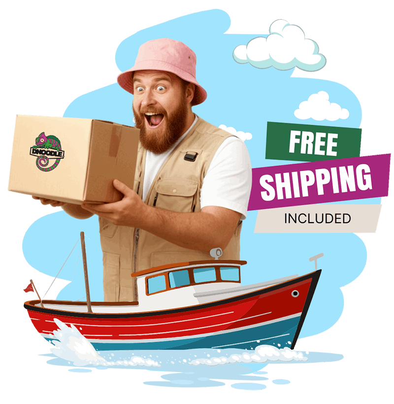 Dave holding a shipping box with an excited expression on an animated boat with the text “Free shipping included.”
