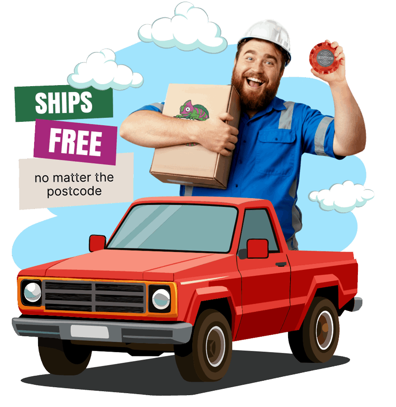 Dave holding a shipping box on an animated ute with the message “Ships free no matter the postcode.