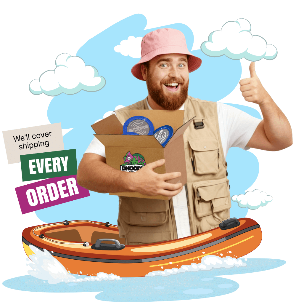 Graphic of Dave on a cartoon boat holding a box of Dnoodle Key Plates with a thumbs up and the text “We’ll cover shipping every order.”